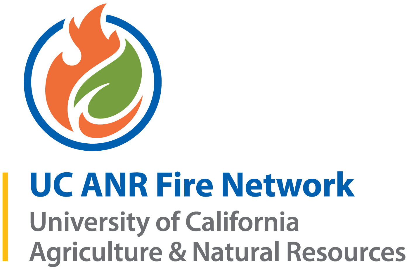 UC ANR Fire Network logo. Orange graphic flame and green graphic leaf within a blue circle.