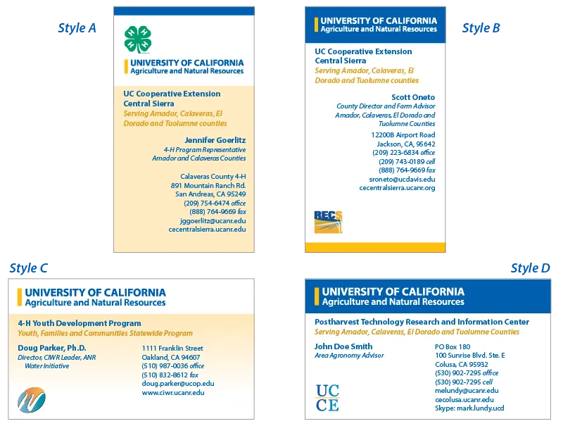 Examples of the four business card styles.
