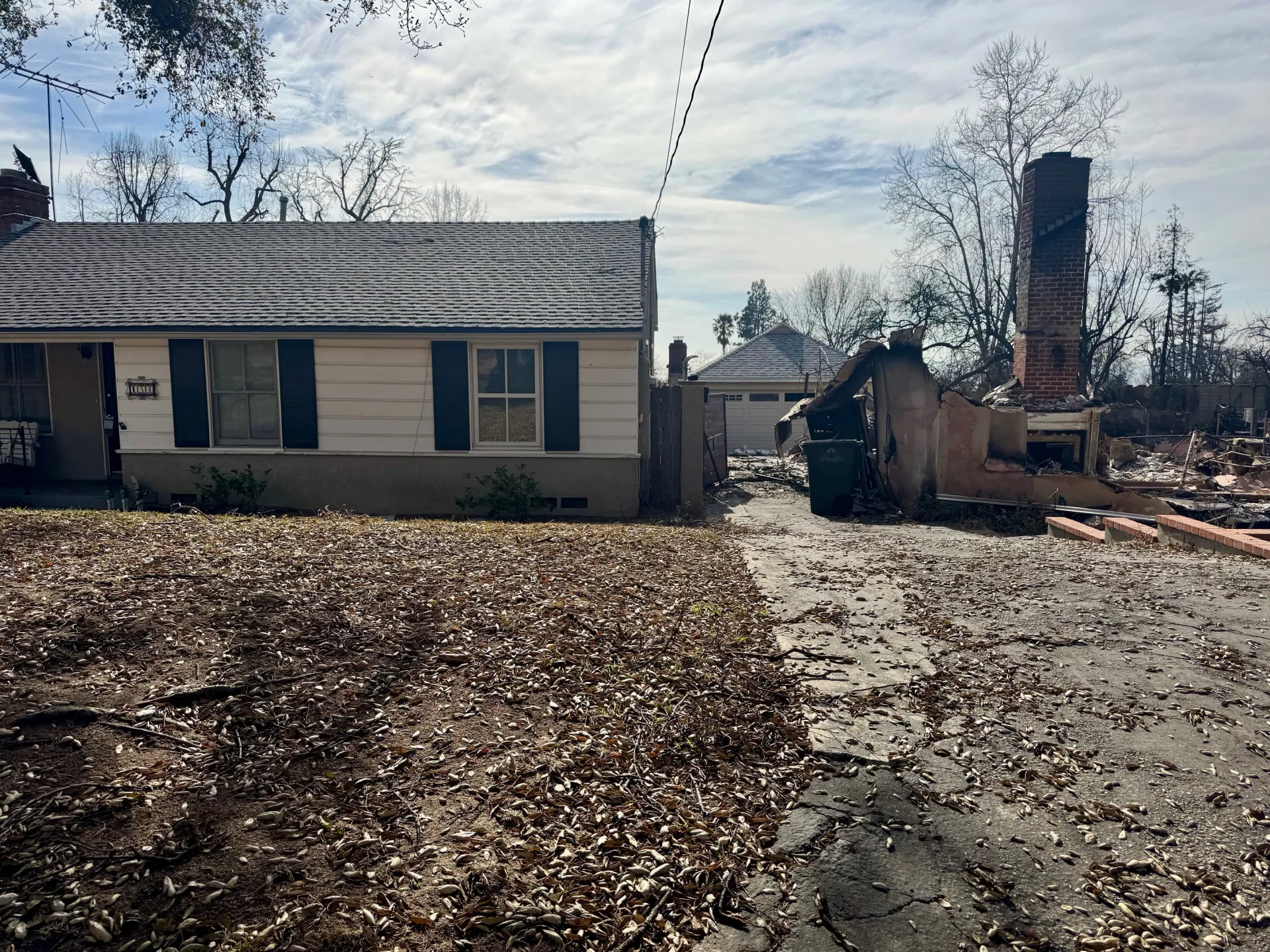 A surviving house amid devastation in Altadena neighborhood