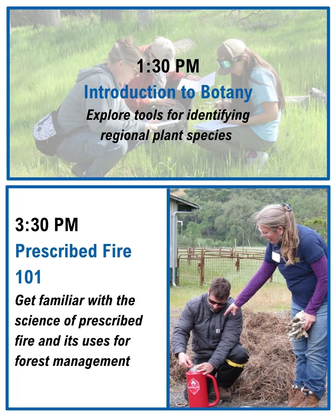 Split image: Top section features two people examining plants in a grassy field, labeled "1:30 PM Introduction to Botany." Bottom section shows two people with controlled fire equipment, labeled "3:30 PM Prescribed Fire 101.