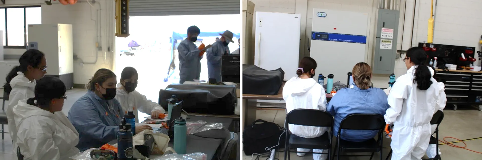 Group people sitting and looking at a computer screen.