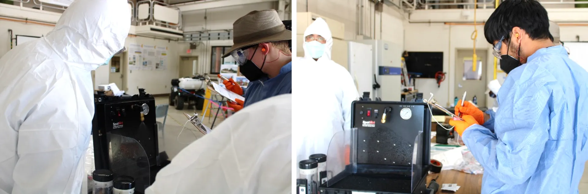 Group of people standing by a spray equipment.