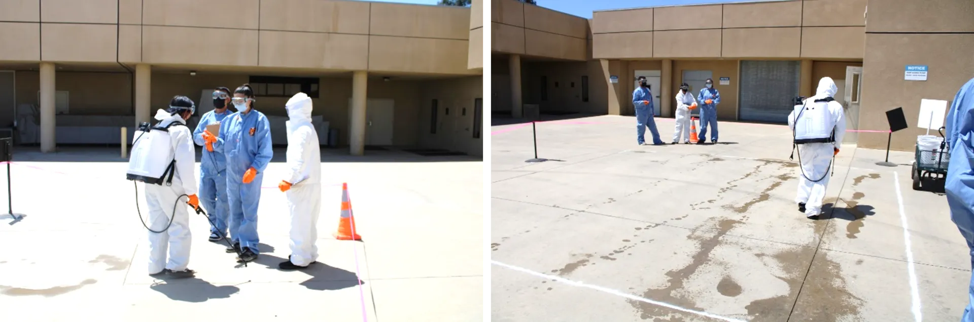 Groups of people outdoors each with one person carrying a backpack sprayer.