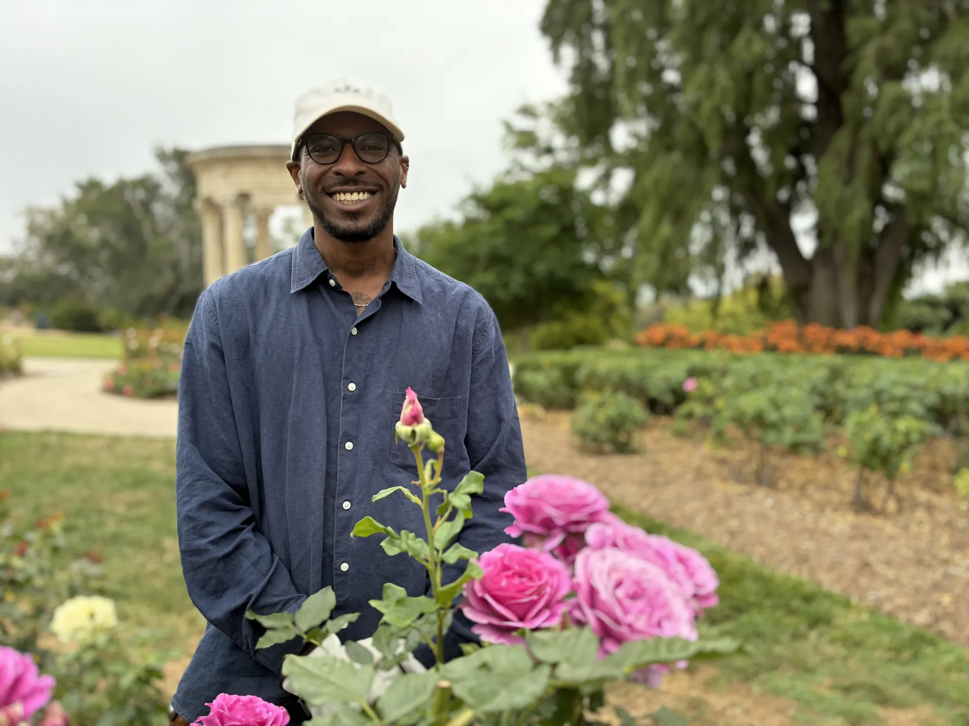 A person stands behind a rose bush in a garden.