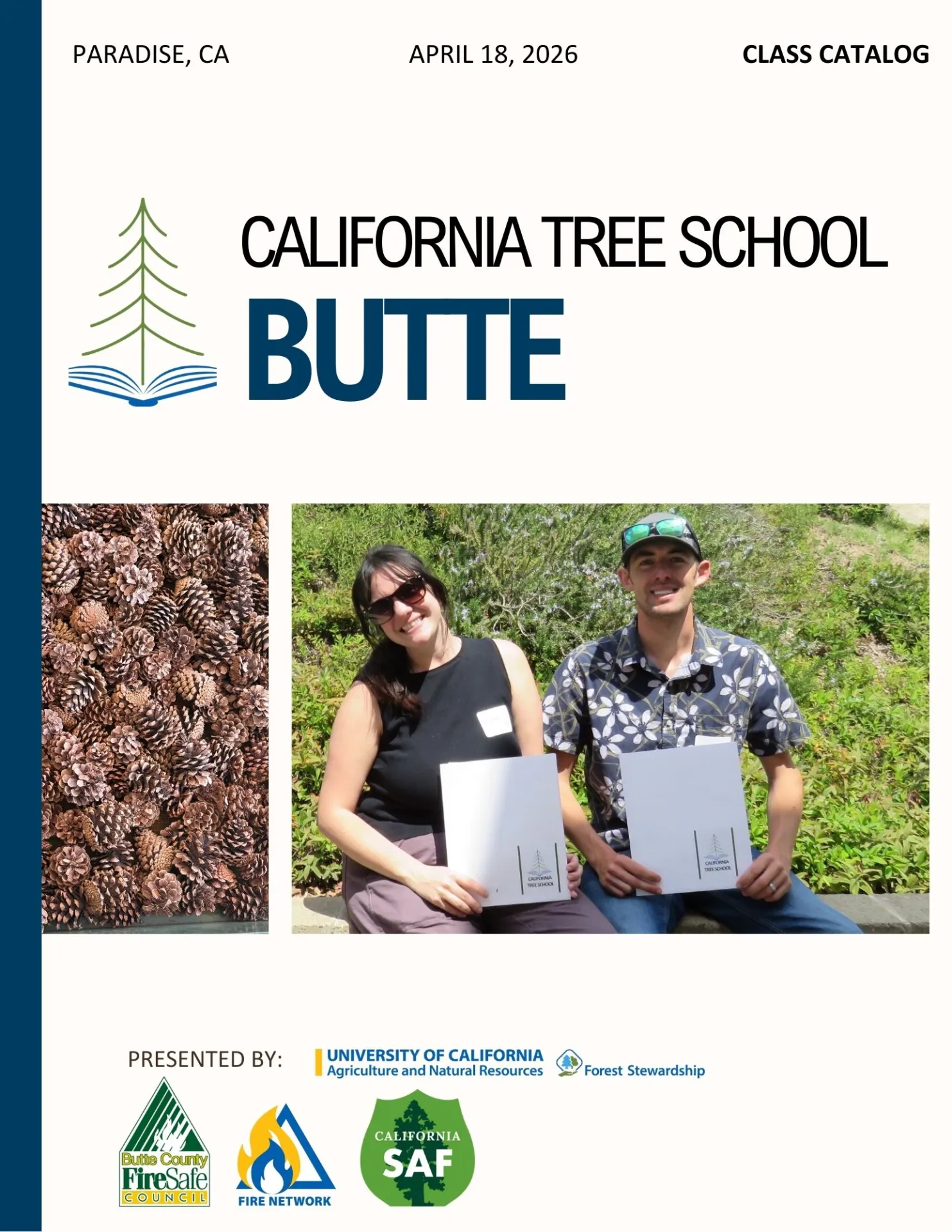 Photo of a class catalog cover. Text says 'California Tree School: Butte', and includes logos for event sponsors and collaborators.