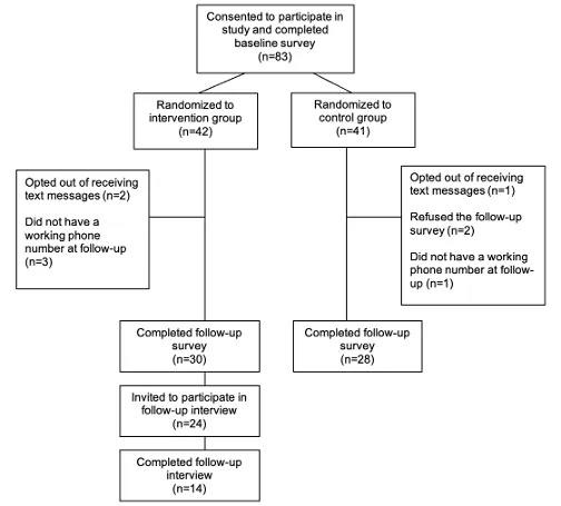 A flowchart of a survey. Consented to participate in study and completed baseline survey (n=83). Randomized to intervention group (n=42): opted out of receiving text messages (n=2), did not have a working phone number at follow-up (n=3), completed survey follow-up (n=30), invited to participate in follow-up interview (n=24), completed follow-up interview (n=14). Randomized to control group (n=41): opted out of receiving text messages (n=11), refused the follow-up surevy (n=2), did not have a working phone n