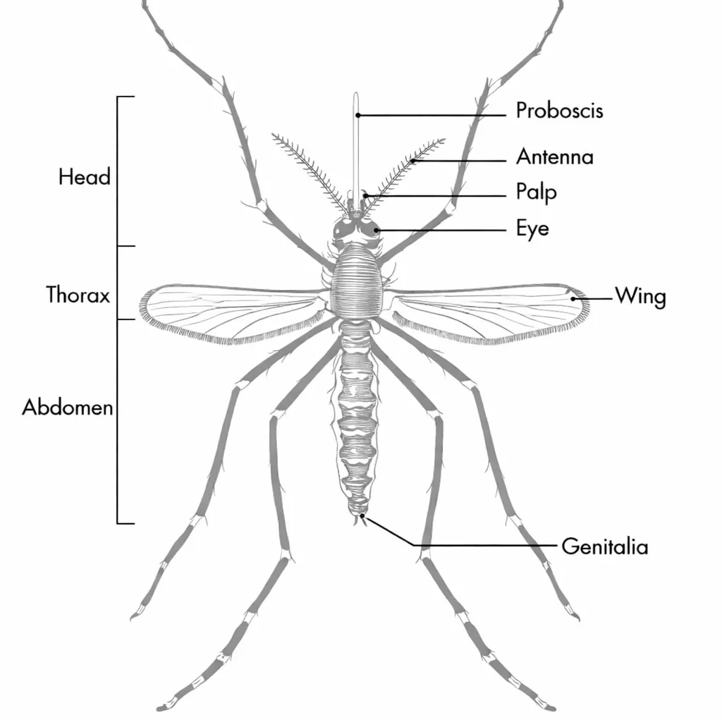 Labeled drawing of body parts of adult mosquito 