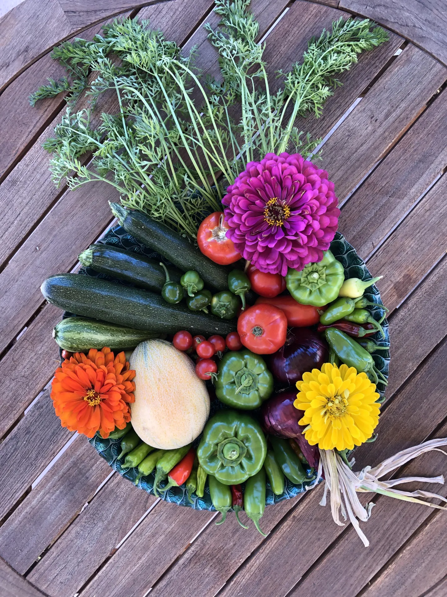 Brightly colored vegetables and flowers.