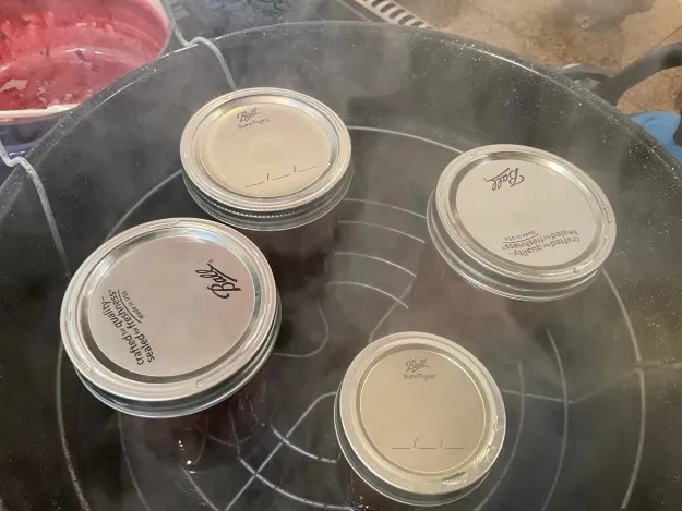 4 filled jars with lids and rings resting in boiling water canner.
