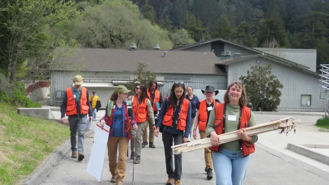 A group of people wearing orange vests walks towards the camera.