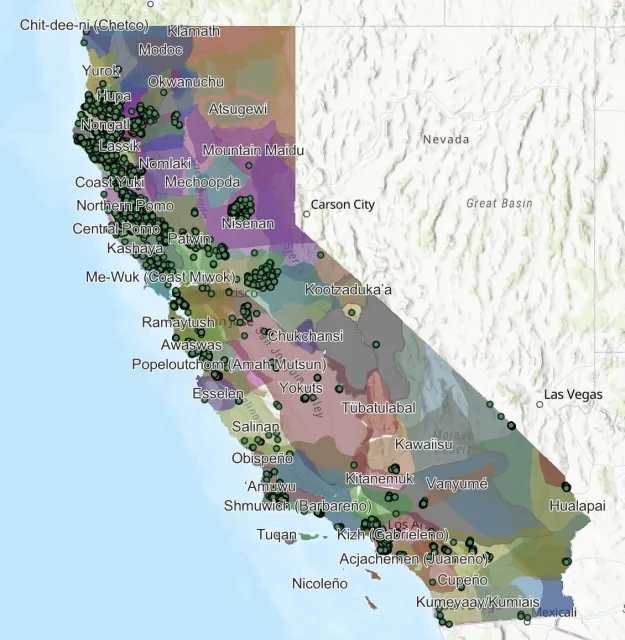 Color-coded map showing locations of California Tribes land