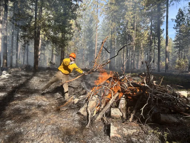 Riley McFarland throws half-burned sticks and branches into a burning pile to consume more