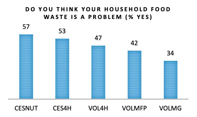 A bar chart showing the percent of participants that answered 'yes' to the question: Do you think your household food waste is a problem? Results are as follows: CESNUT 57%, CES4H 53%, VOL4H 47%, VOLMFP 42%, VOLMG 34%. 