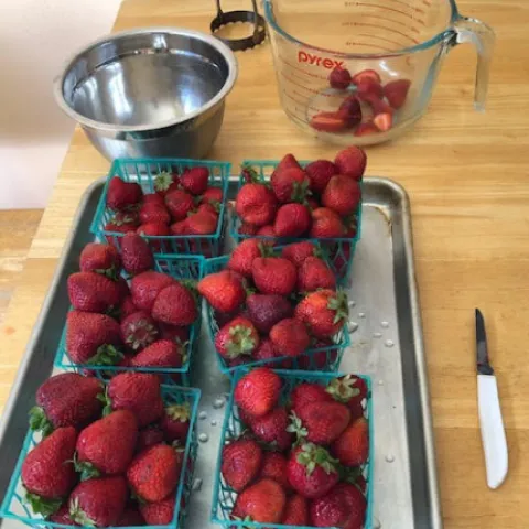 Washed and cut strawberries ready to make jam