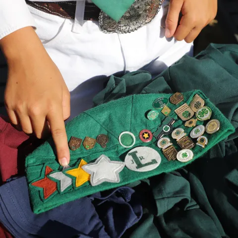 Someone points to the pins and badges on a 4-H hat.