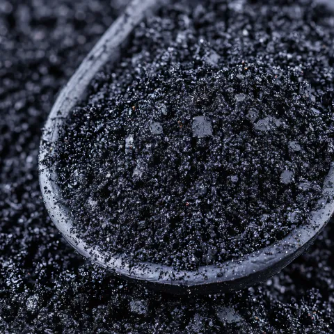 Photo of black, crumbly biochar with a scoop in it
