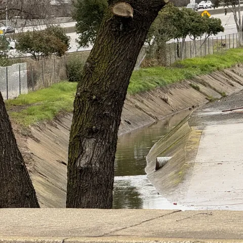 A man stands outside a tent located on the banks of a canal that has a low level of water