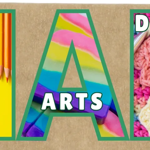 Letters H-A-D filled in with colored pencils, soap and crochet. Home Arts Day with 4-H logo