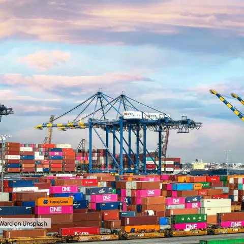 The Port of Los Angeles filled with brightly colored shipping containers and a container ship docked next to cranes.