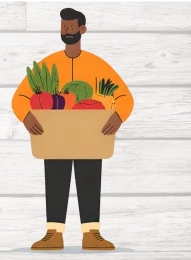 Bearded man carrying a bag of vegetables