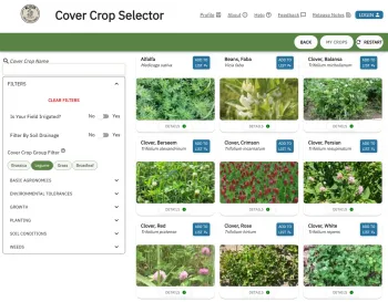 Screenshot of cover crop selection tool showing various cover crops species