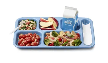 A tray of school food including fresh fruits, vegetables, milk and an entree.