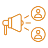 Orange icon of a megaphone communicating to two users- symbolizing the Collaborative Tools application. 