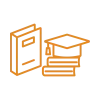 Orange icon of a graduation cap on top of and next to books. 