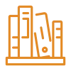 Orange icon with books lined up on a shelf.