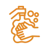 Orange icon of hands being washed in running water. 